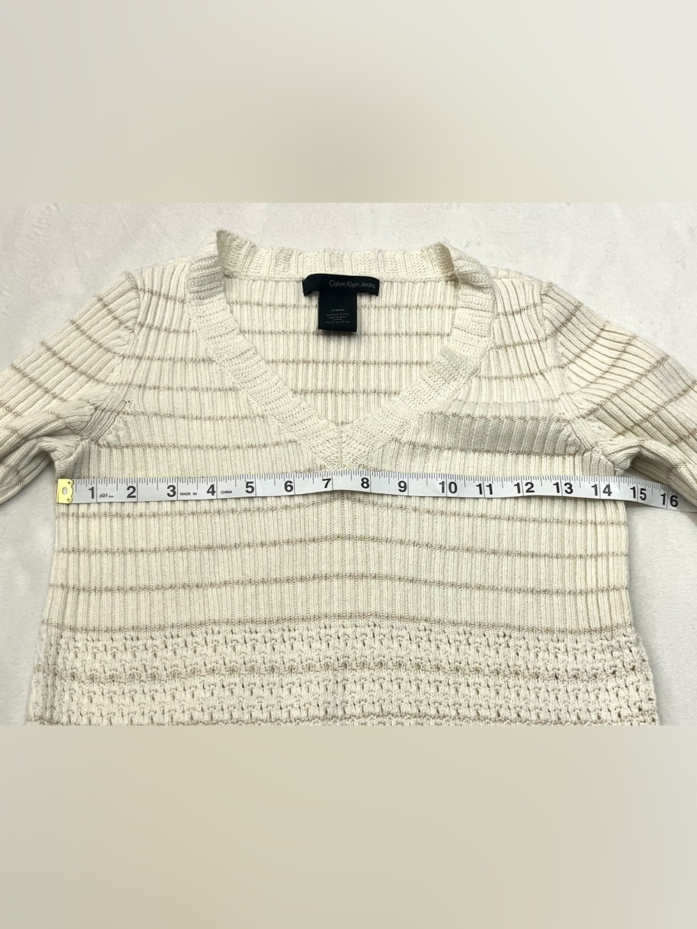 Calvin Klein Women’s 3/4 Sleeve Cream Gold Knit Cotton Blend Sweater Petite Med - Picture 10 of 16